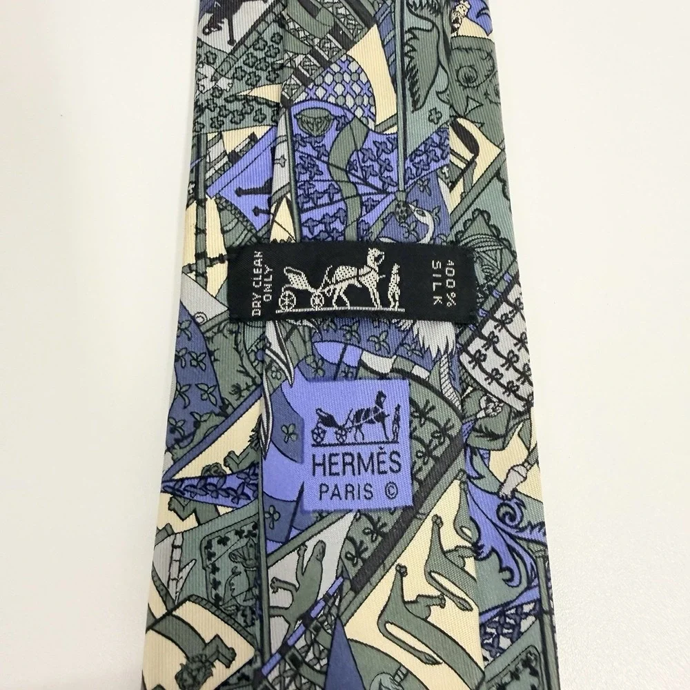 Hermes Scarf Tie Abstract Art Heraldry Blue/Sage/Yellow Silk 7286 MA 3.25